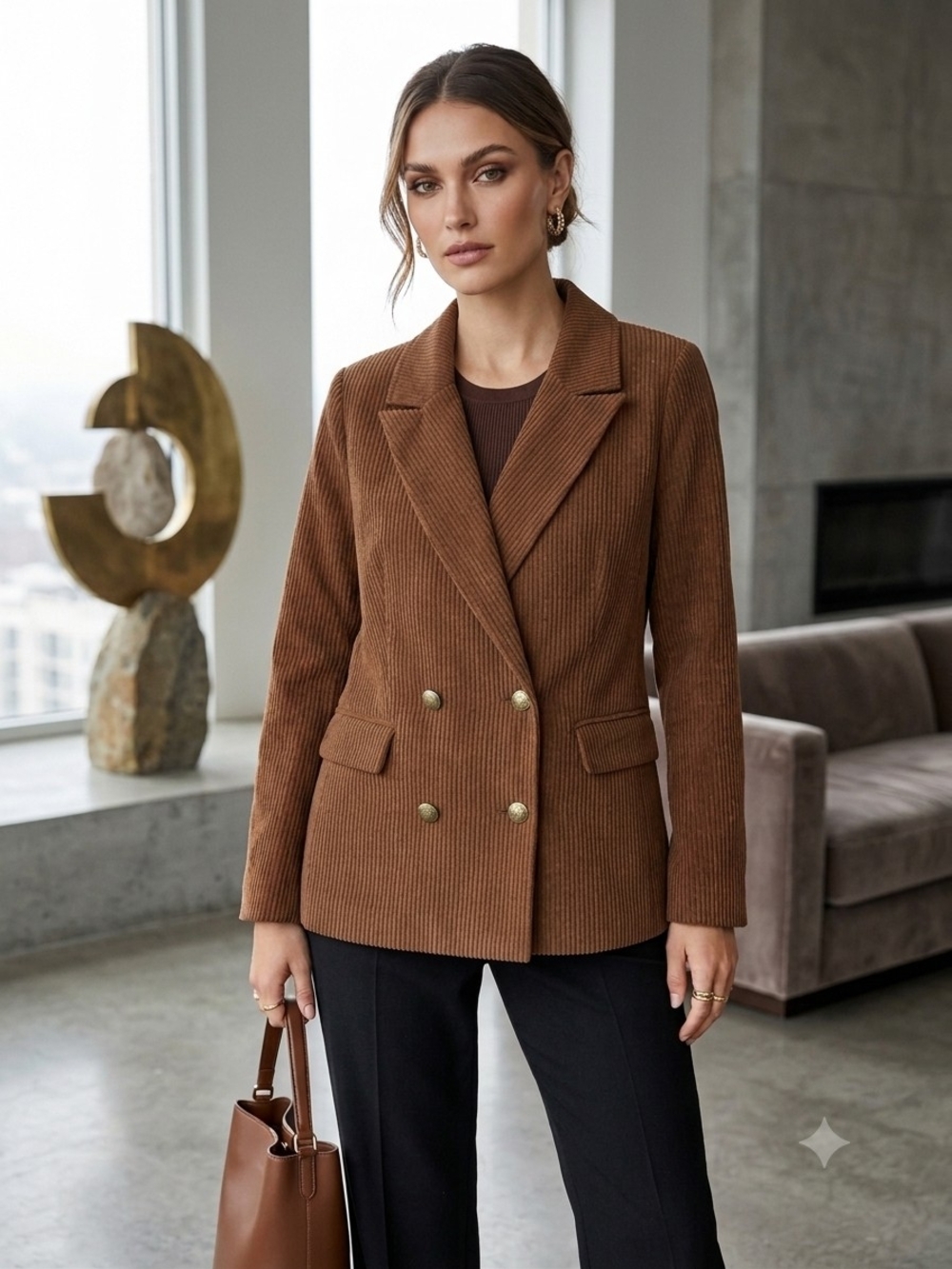 EVEREVE Ronnie Corduroy Double Breasted Blazer Brown Size Large